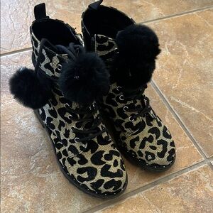 GB Girls Leopard Print Boots with Pom Poms